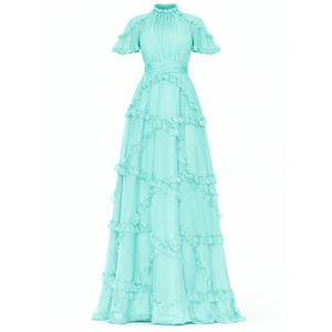 MAC DUGGAL Seafoam Tier Ruffle Maxi Dress NEW 2 Romantic High Neck Formal Modest